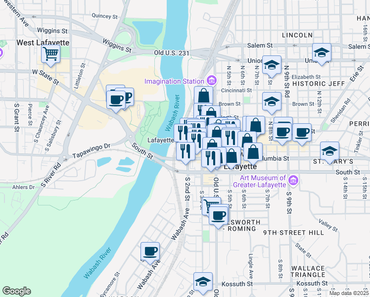map of restaurants, bars, coffee shops, grocery stores, and more near 219 Main Street in Lafayette