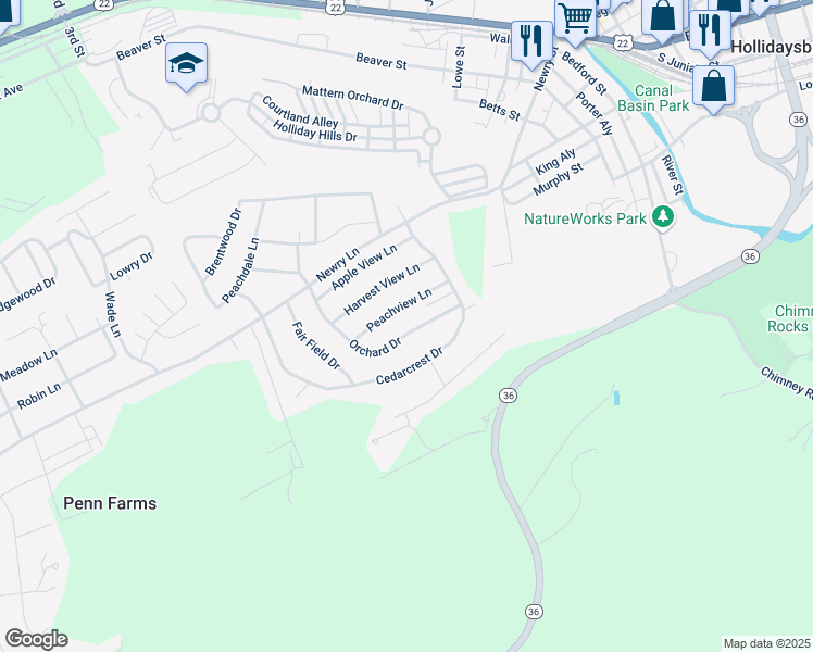 map of restaurants, bars, coffee shops, grocery stores, and more near 646 Orchard Drive in Duncansville