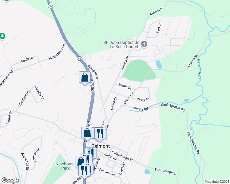 map of restaurants, bars, coffee shops, grocery stores, and more near 45 Terrace Drive in Delmont