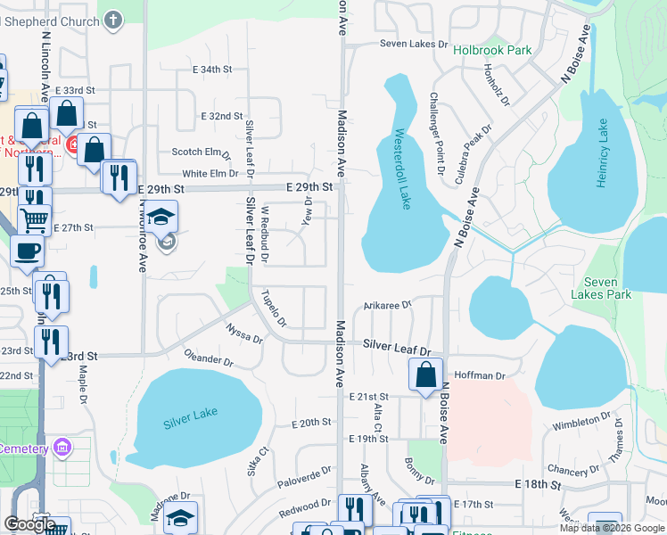 map of restaurants, bars, coffee shops, grocery stores, and more near 2604 East Redbud Drive in Loveland