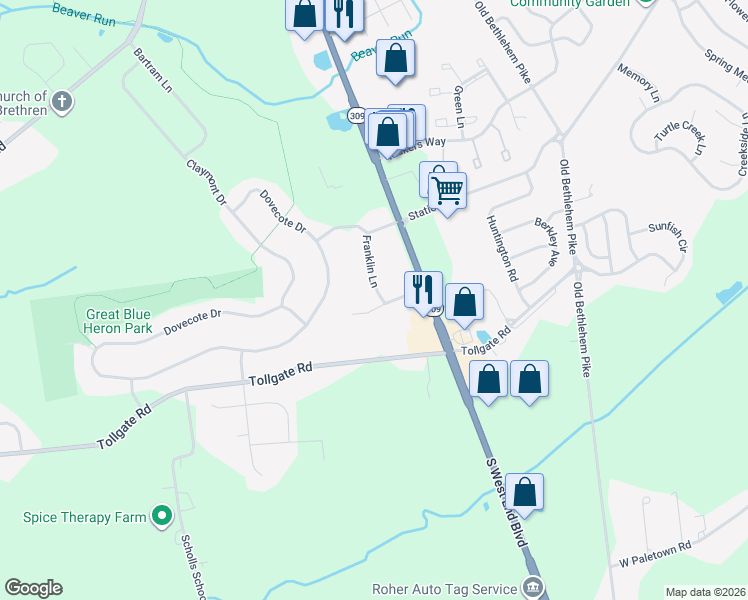 map of restaurants, bars, coffee shops, grocery stores, and more near 47 Morris Road in Quakertown