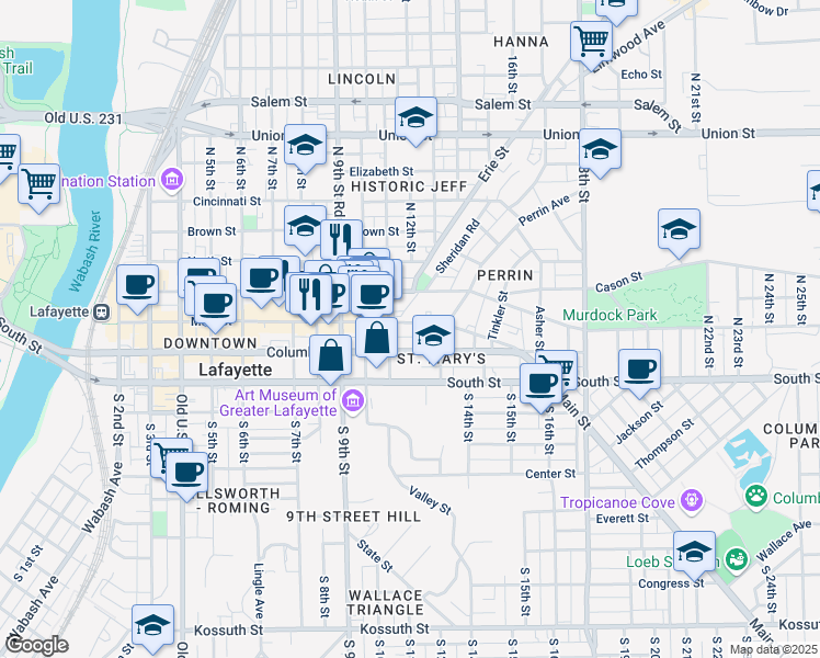 map of restaurants, bars, coffee shops, grocery stores, and more near 1123 Main Street in Lafayette
