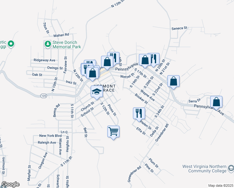 map of restaurants, bars, coffee shops, grocery stores, and more near 160 Sellitti Lane in Weirton