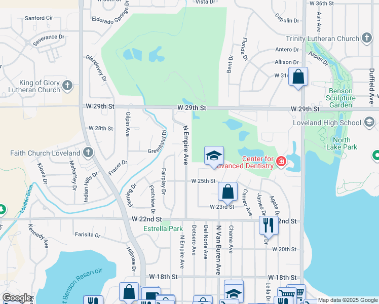 map of restaurants, bars, coffee shops, grocery stores, and more near 2606 North Empire Avenue in Loveland