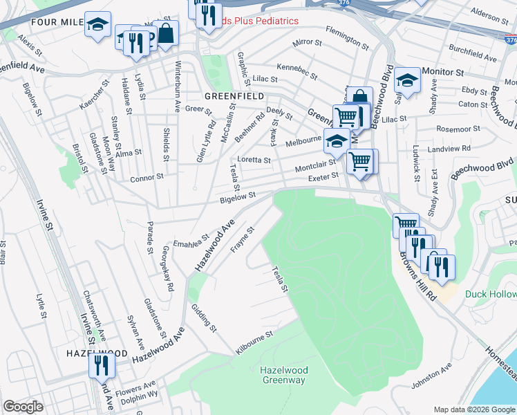 map of restaurants, bars, coffee shops, grocery stores, and more near 636 Hazelwood Avenue in Pittsburgh