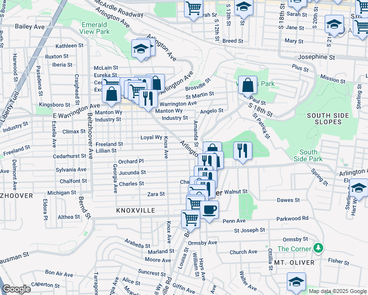 map of restaurants, bars, coffee shops, grocery stores, and more near 1508 Arlington Avenue in Pittsburgh