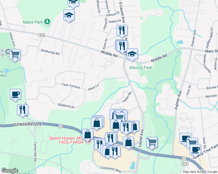 map of restaurants, bars, coffee shops, grocery stores, and more near 11A Plum Lane in Holmdel