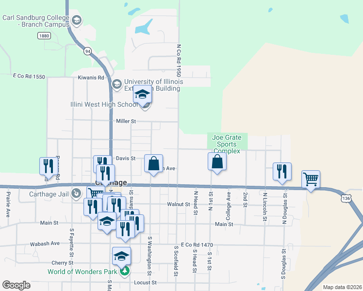 map of restaurants, bars, coffee shops, grocery stores, and more near 801-999 Center Street in Carthage