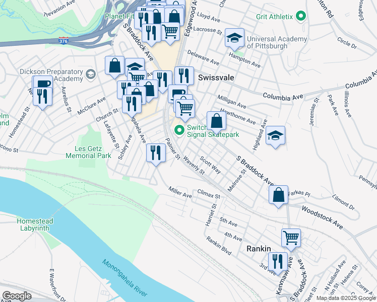 map of restaurants, bars, coffee shops, grocery stores, and more near 7514 Roslyn Street in Pittsburgh