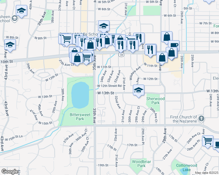 map of restaurants, bars, coffee shops, grocery stores, and more near 3214 West 12th Street Road in Greeley