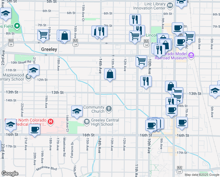 map of restaurants, bars, coffee shops, grocery stores, and more near 1223 13th Avenue in Greeley
