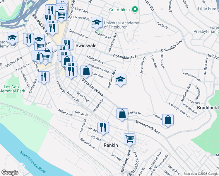 map of restaurants, bars, coffee shops, grocery stores, and more near 7630 Highland Avenue in Pittsburgh