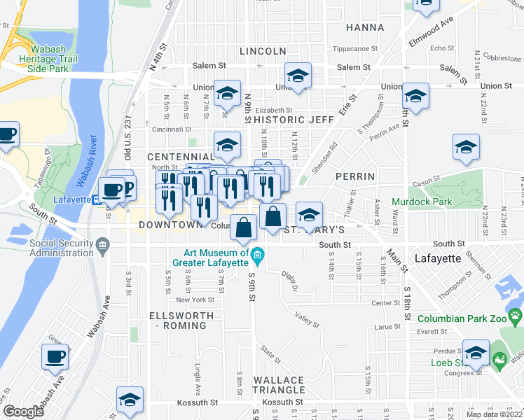 map of restaurants, bars, coffee shops, grocery stores, and more near 927 Main Street in Lafayette