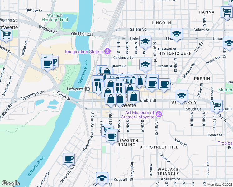 map of restaurants, bars, coffee shops, grocery stores, and more near in Lafayette