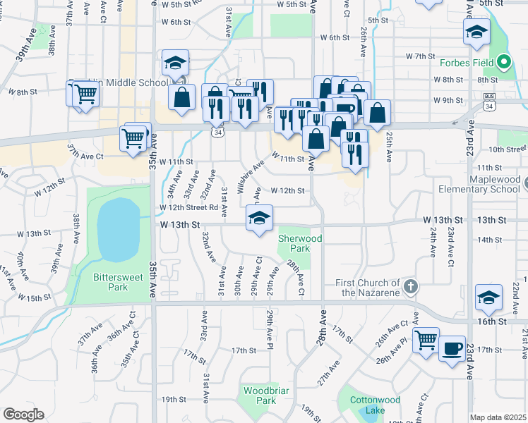 map of restaurants, bars, coffee shops, grocery stores, and more near 2928 West 12th Street Road in Greeley