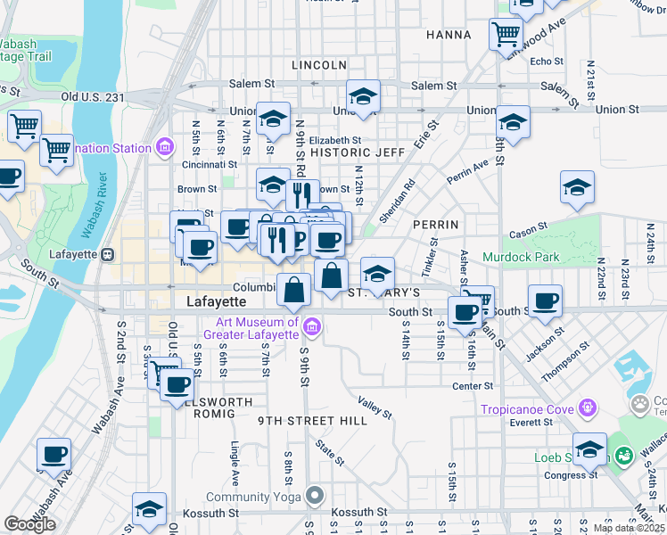 map of restaurants, bars, coffee shops, grocery stores, and more near 1015 Main Street in Lafayette