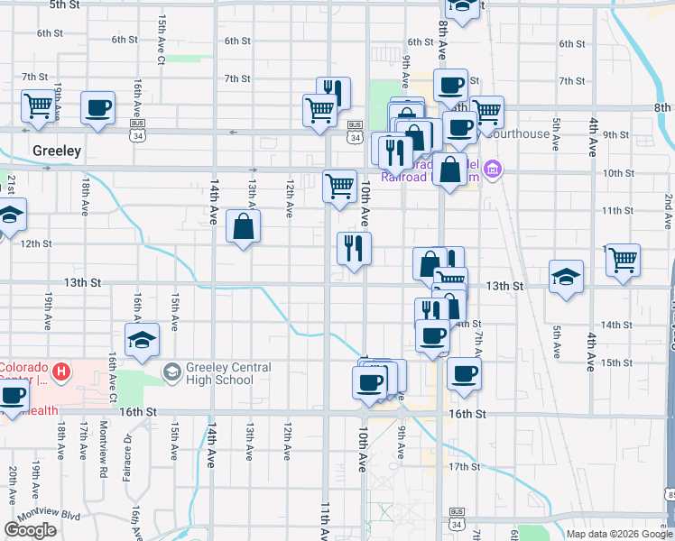 map of restaurants, bars, coffee shops, grocery stores, and more near 1023 13th St in Greeley