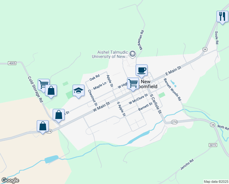 map of restaurants, bars, coffee shops, grocery stores, and more near 17 Apple Street in New Bloomfield