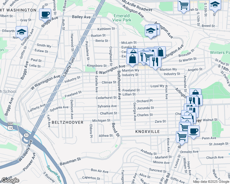 map of restaurants, bars, coffee shops, grocery stores, and more near 520 Freeland Street in Pittsburgh