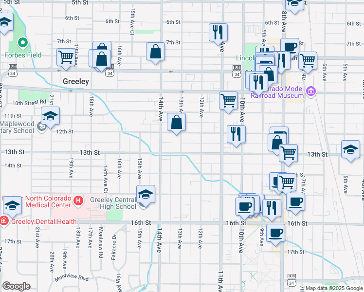 map of restaurants, bars, coffee shops, grocery stores, and more near 1222 1/2 13th Avenue in Greeley
