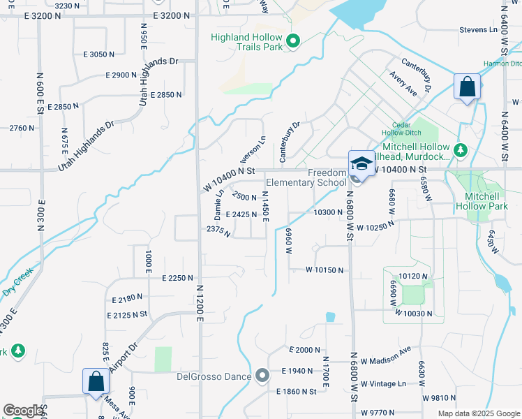 map of restaurants, bars, coffee shops, grocery stores, and more near 2445 North 1450 East in Lehi
