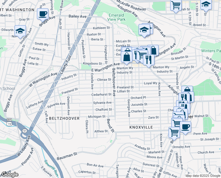 map of restaurants, bars, coffee shops, grocery stores, and more near 520 Freeland Street in Pittsburgh