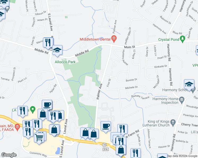 map of restaurants, bars, coffee shops, grocery stores, and more near 901 Palmer Avenue in Holmdel