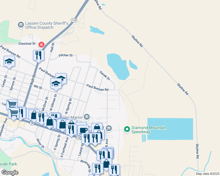 map of restaurants, bars, coffee shops, grocery stores, and more near 55A B Russell Court in Susanville
