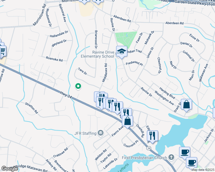 map of restaurants, bars, coffee shops, grocery stores, and more near 13 Matawan Green Lane in Matawan