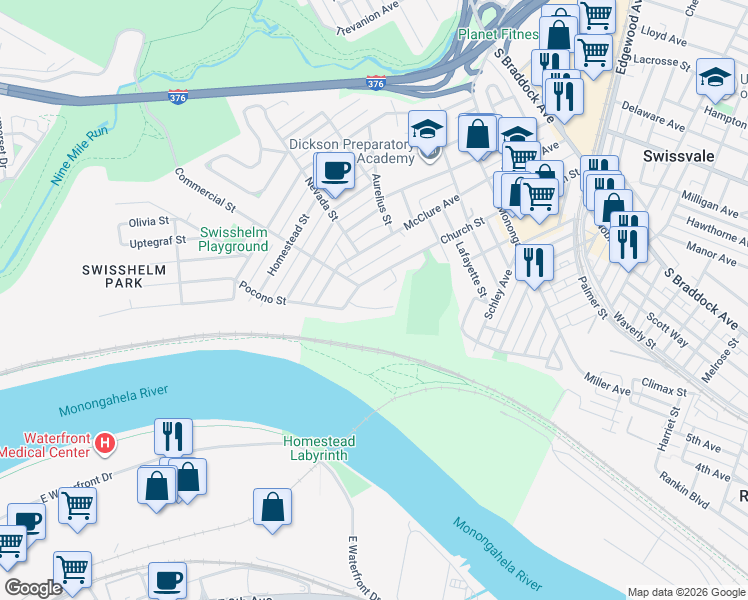 map of restaurants, bars, coffee shops, grocery stores, and more near 1519 Mansion Place in Pittsburgh