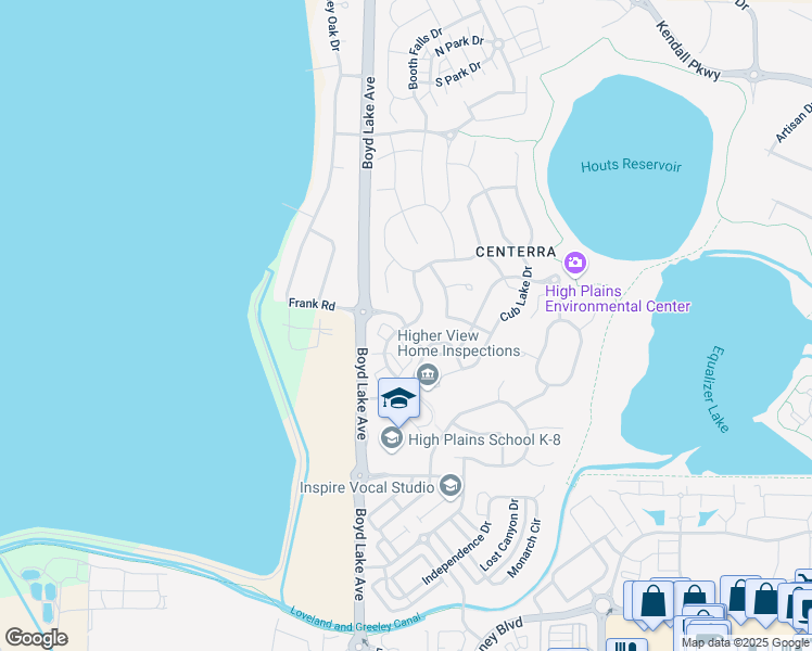 map of restaurants, bars, coffee shops, grocery stores, and more near Trio Falls Drive in Loveland