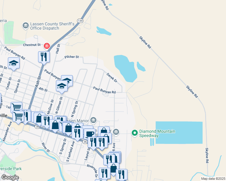 map of restaurants, bars, coffee shops, grocery stores, and more near 55A B Russell Court in Susanville