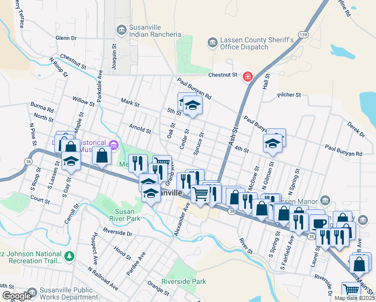 map of restaurants, bars, coffee shops, grocery stores, and more near 1410 3rd Street in Susanville