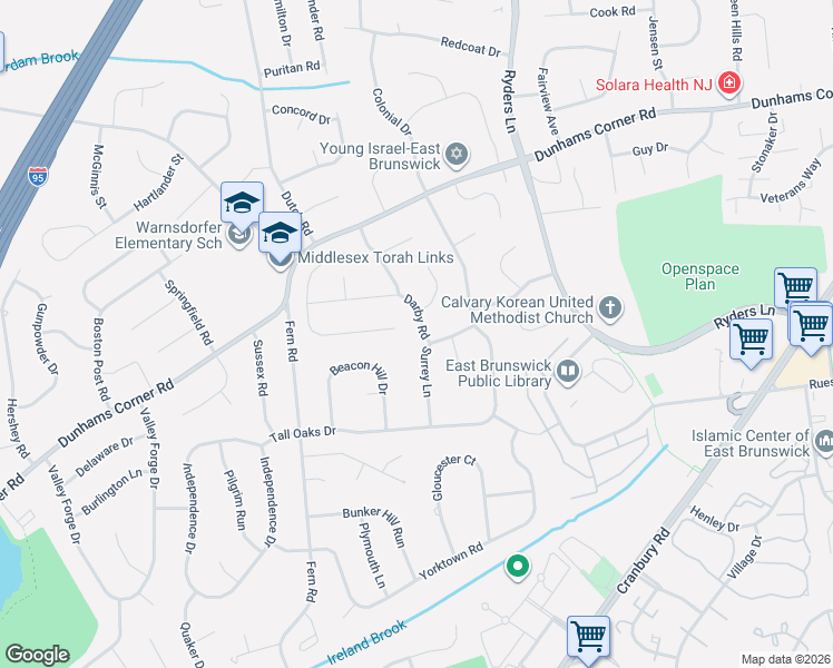 map of restaurants, bars, coffee shops, grocery stores, and more near 8 Surrey Lane in East Brunswick