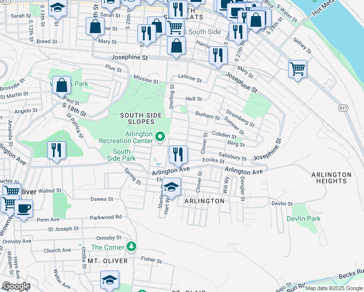 map of restaurants, bars, coffee shops, grocery stores, and more near 2401 Salisbury Street in Pittsburgh