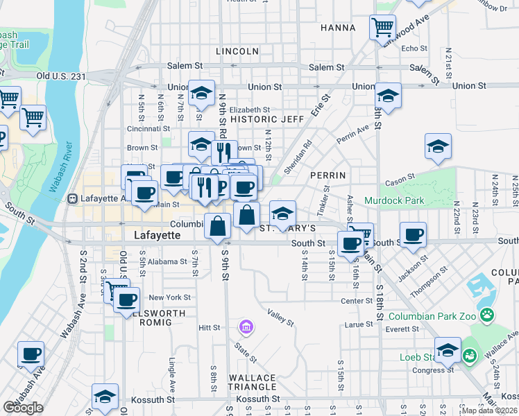 map of restaurants, bars, coffee shops, grocery stores, and more near 1109 Main Street in Lafayette