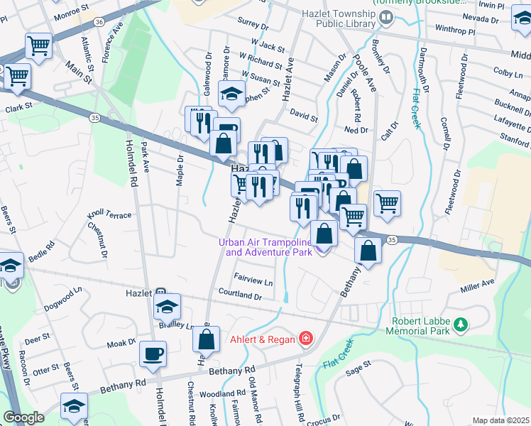 map of restaurants, bars, coffee shops, grocery stores, and more near 3190 New Jersey 35 in Hazlet