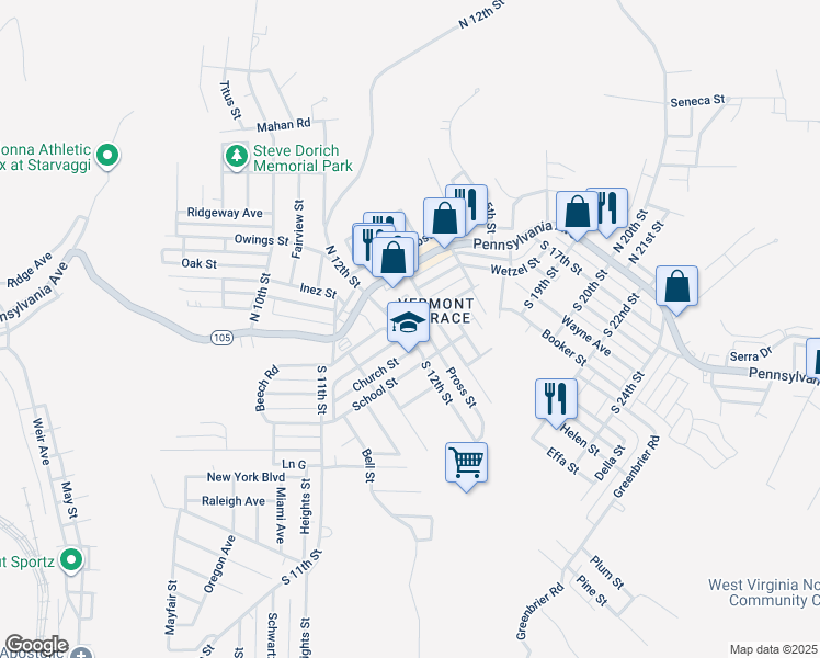 map of restaurants, bars, coffee shops, grocery stores, and more near 141 S 12th St in Weirton