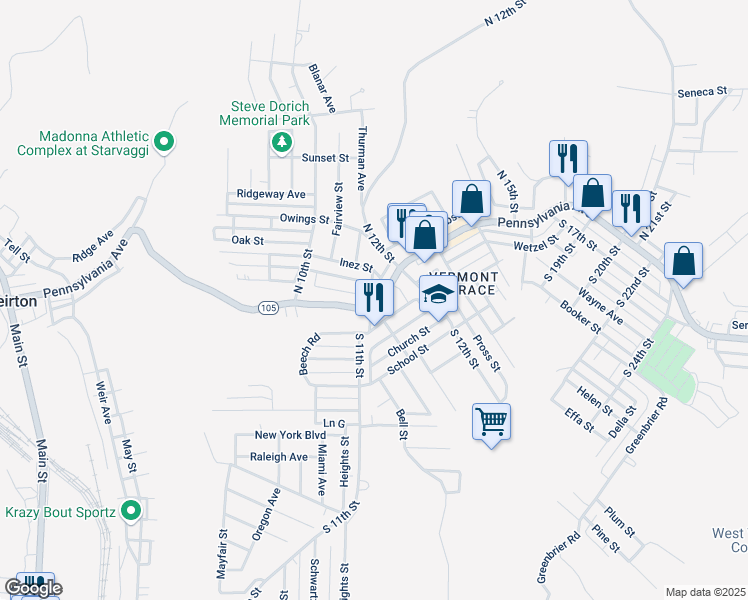 map of restaurants, bars, coffee shops, grocery stores, and more near 1101 Pennsylvania Avenue in Weirton