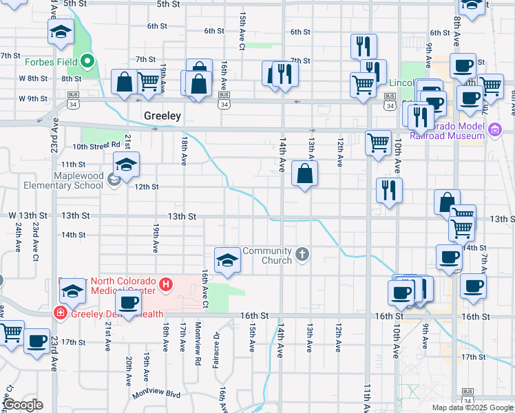 map of restaurants, bars, coffee shops, grocery stores, and more near 1222 15th Avenue in Greeley