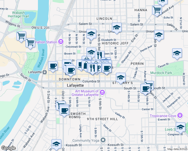 map of restaurants, bars, coffee shops, grocery stores, and more near 123 North 8th Street in Lafayette