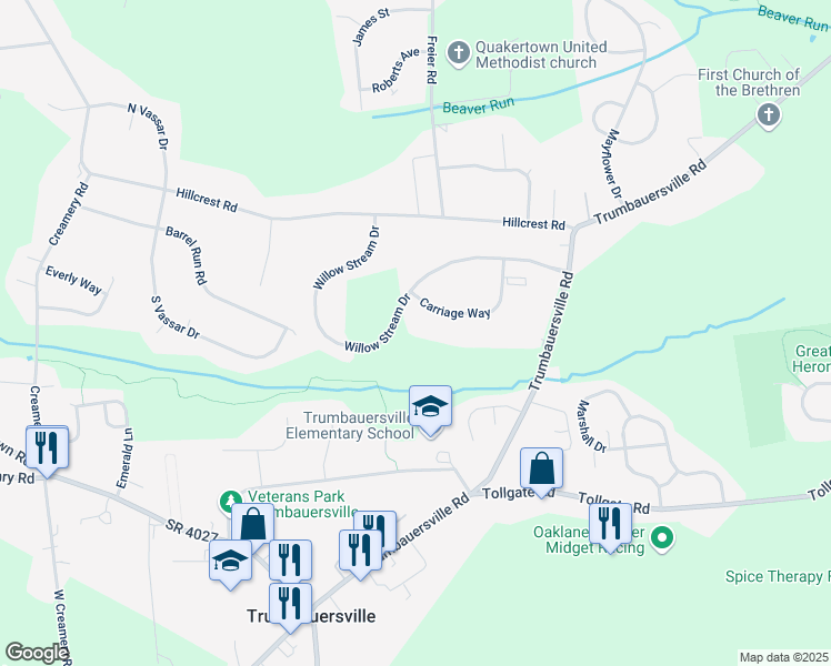map of restaurants, bars, coffee shops, grocery stores, and more near 1107 Denby Court in Quakertown