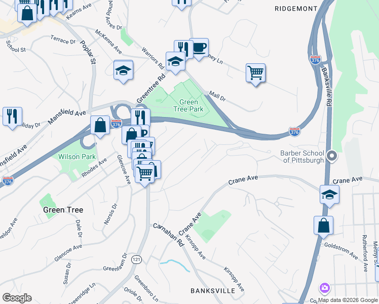 map of restaurants, bars, coffee shops, grocery stores, and more near 45 Pocono Dr in Pittsburgh