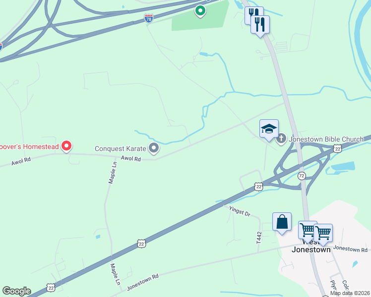 map of restaurants, bars, coffee shops, grocery stores, and more near 122 Awol Road in Jonestown