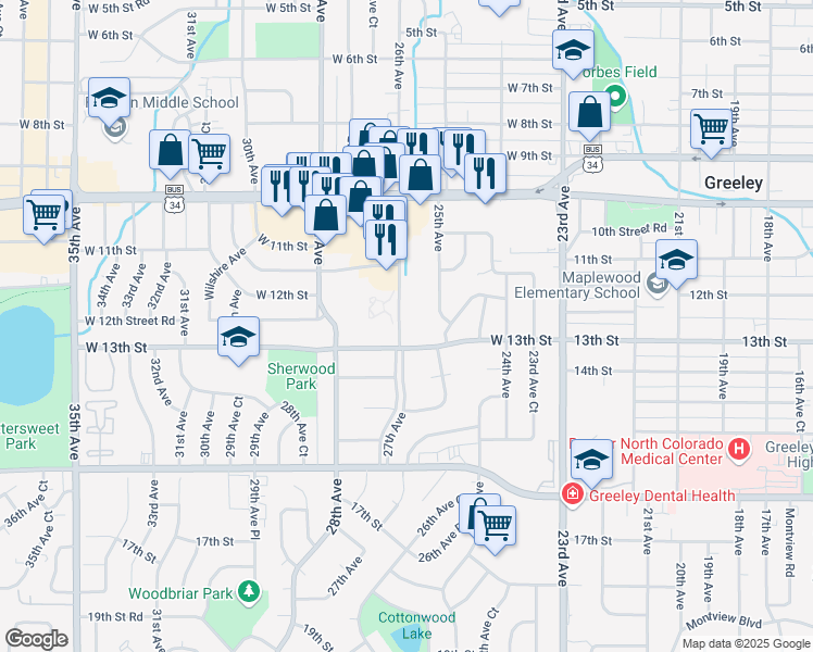 map of restaurants, bars, coffee shops, grocery stores, and more near 2614 West 12th Street Road in Greeley