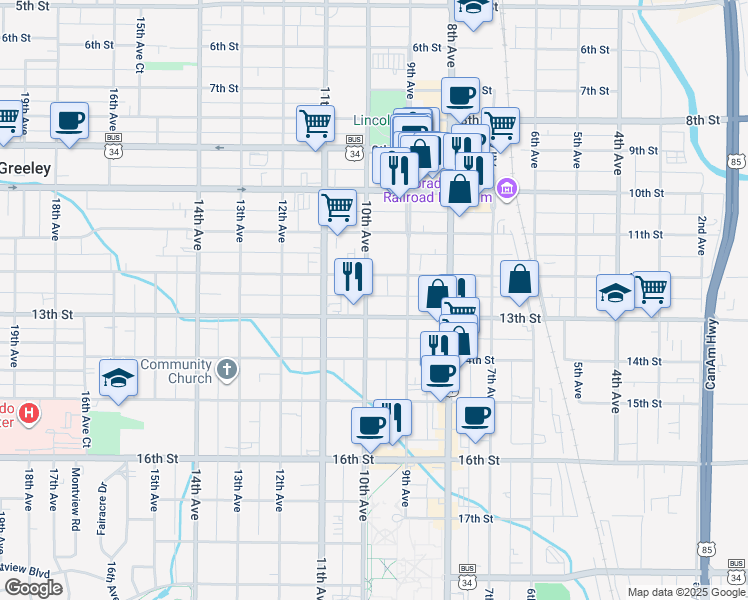 map of restaurants, bars, coffee shops, grocery stores, and more near 1218 10th Avenue in Greeley