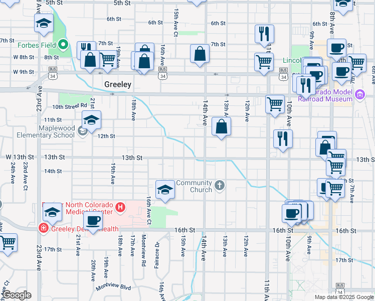 map of restaurants, bars, coffee shops, grocery stores, and more near 1222 15th Avenue in Greeley