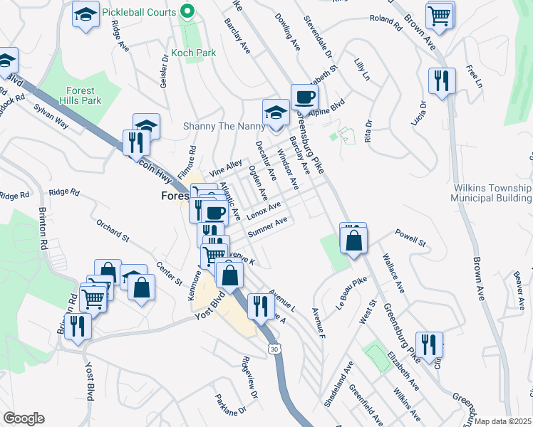 map of restaurants, bars, coffee shops, grocery stores, and more near 404 Lenox Avenue in Pittsburgh