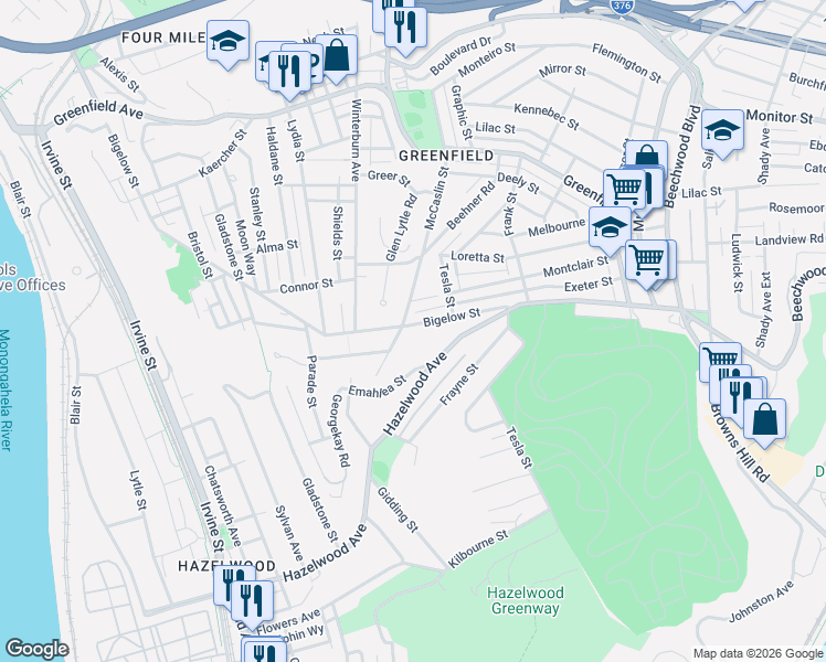 map of restaurants, bars, coffee shops, grocery stores, and more near in Pittsburgh