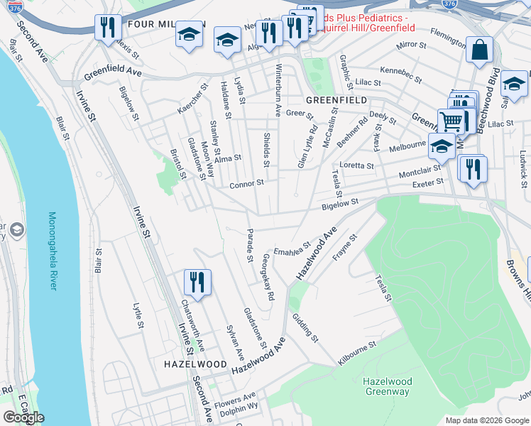 map of restaurants, bars, coffee shops, grocery stores, and more near 401 Bigelow Street in Pittsburgh